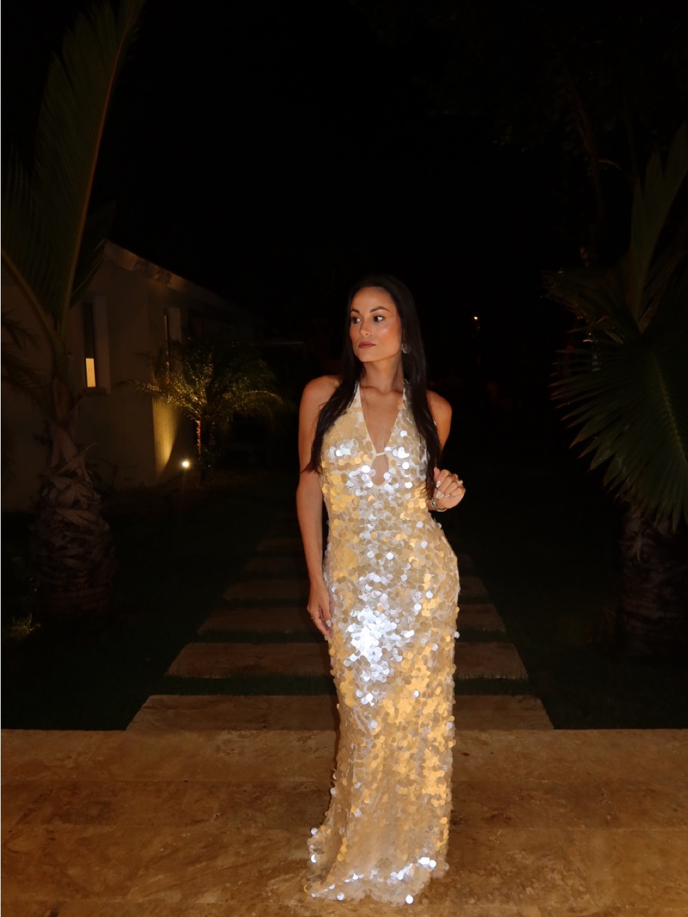 Hello Molly Gold Sequin Halter Maxi Dress